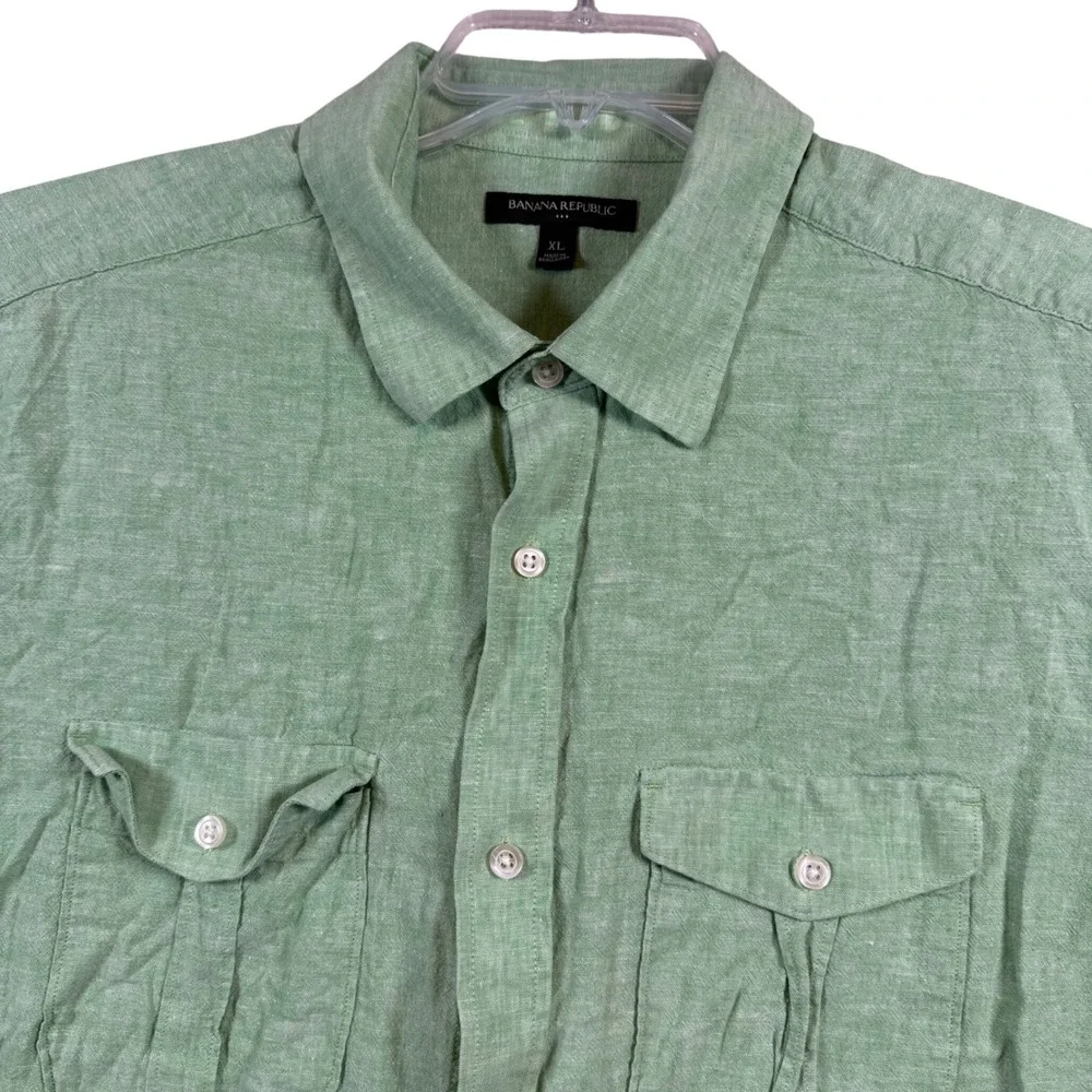 Banana Republic Button Down Mens XL Green Linen Blend Short Sleeve Utility Shirt